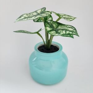 Artificial Plant In Turquoise Glass Pot Vase Faux Tropical Mini Decor Fake Plant